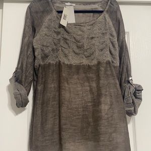 NWT SAGA Stone Distressed Boho Blouse with Button/ Roll Up Sleeve